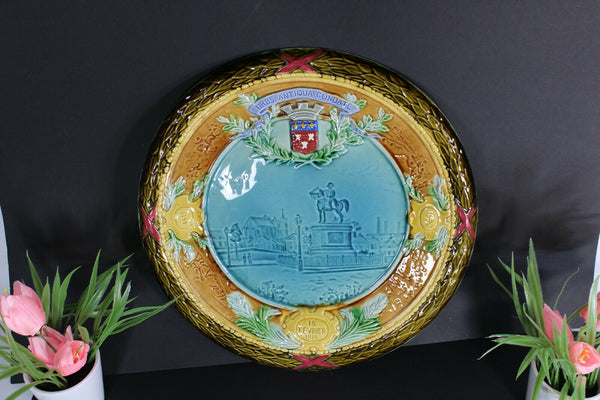 XL antique barbotine majolica plate napoleon esctucheon