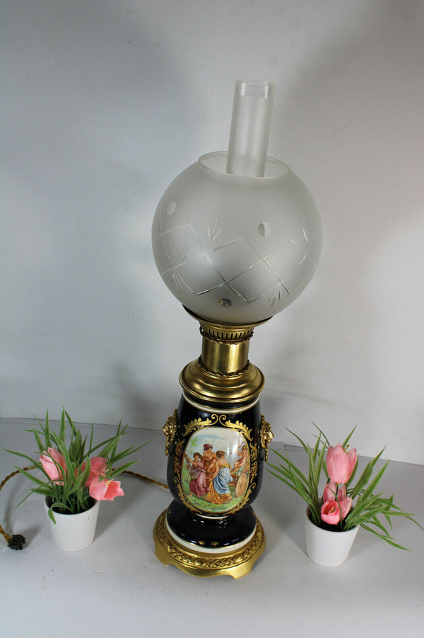 Limoges Table lamp lion head vintage victorian scene glass globe shade