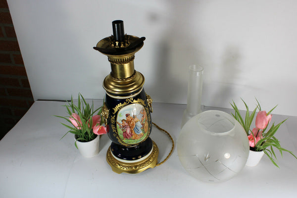 Limoges Table lamp lion head vintage victorian scene glass globe shade
