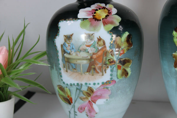 set 3 Opaline glass Enamel kittens cats Scene cute romantic mantel vases