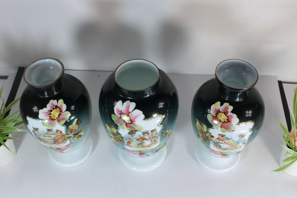 set 3 Opaline glass Enamel kittens cats Scene cute romantic mantel vases