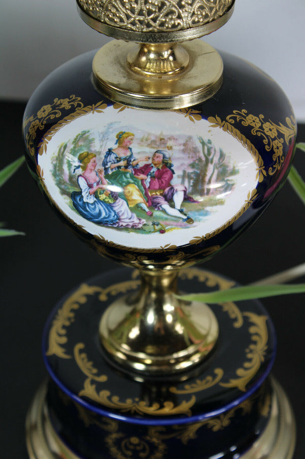 Limoges cobalt blue porcelain table lamp victorian scene