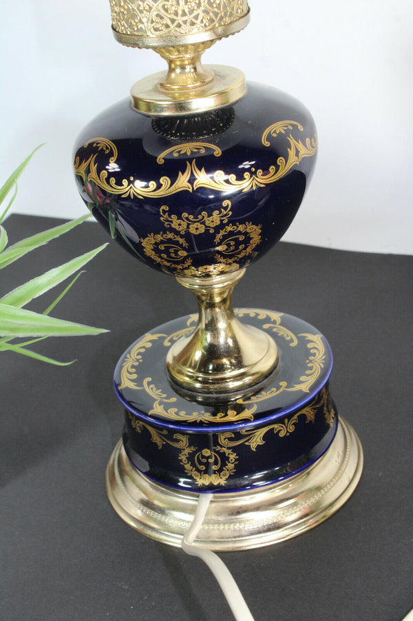 Limoges cobalt blue porcelain table lamp victorian scene