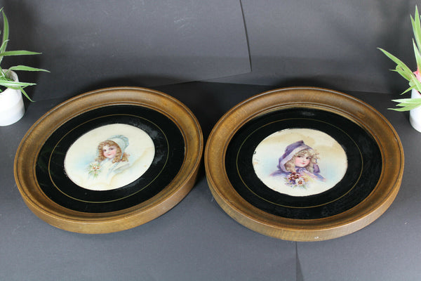 PAIR girl portrait on paper behind glass wood round wall frame panels