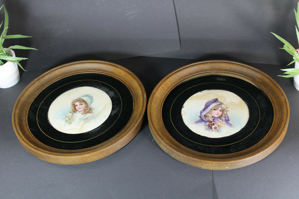 PAIR girl portrait on paper behind glass wood round wall frame panels