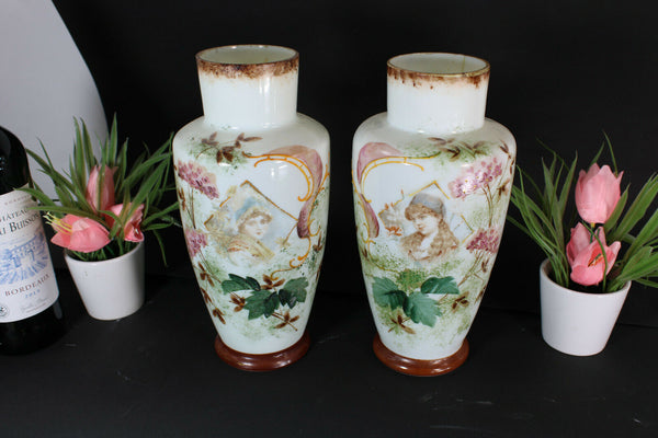 PAIR opaline glass french Portrait girl enamel decoration Vases