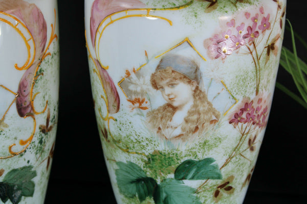 PAIR opaline glass french Portrait girl enamel decoration Vases