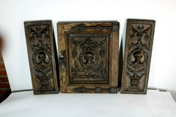 Set 3 woód carved portrait head panels cabinet