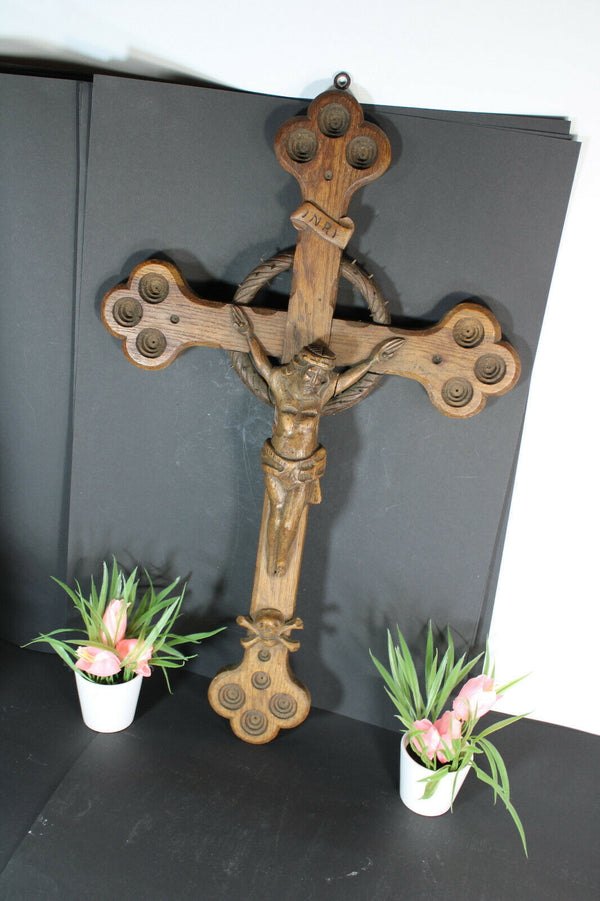 Antique XL crucifix wood carved religious rare