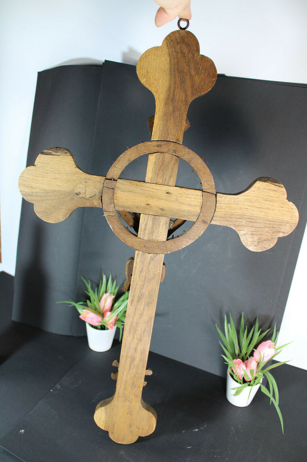 Antique XL crucifix wood carved religious rare