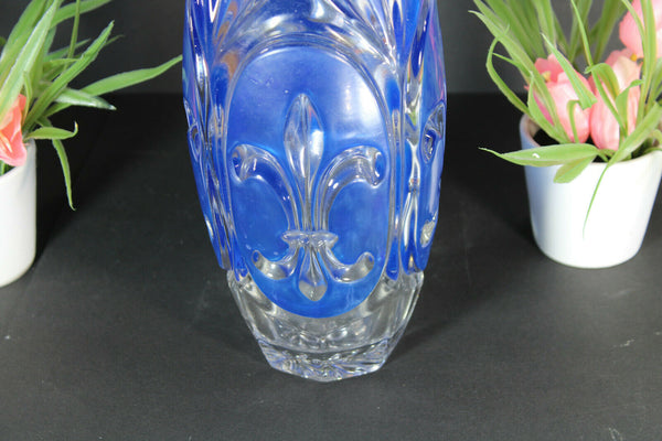 French crystal glass Fleur de lys symbol blue vase 1950