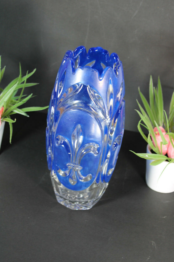 French crystal glass Fleur de lys symbol blue vase 1950