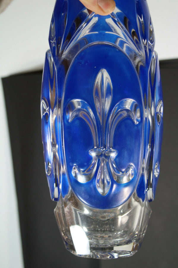 French crystal glass Fleur de lys symbol blue vase 1950