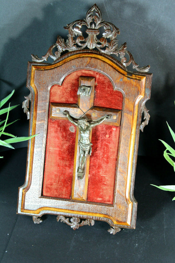 Antique black forest wood carved Frame with crucifix velvet stand