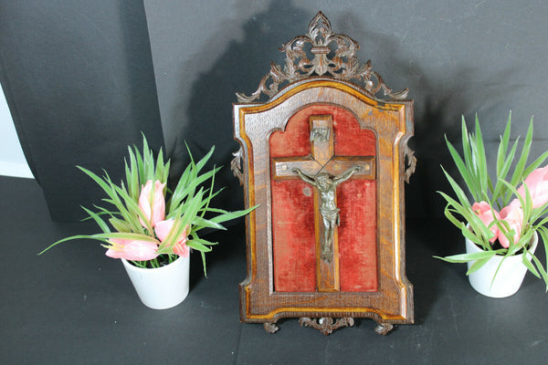 Antique black forest wood carved Frame with crucifix velvet stand