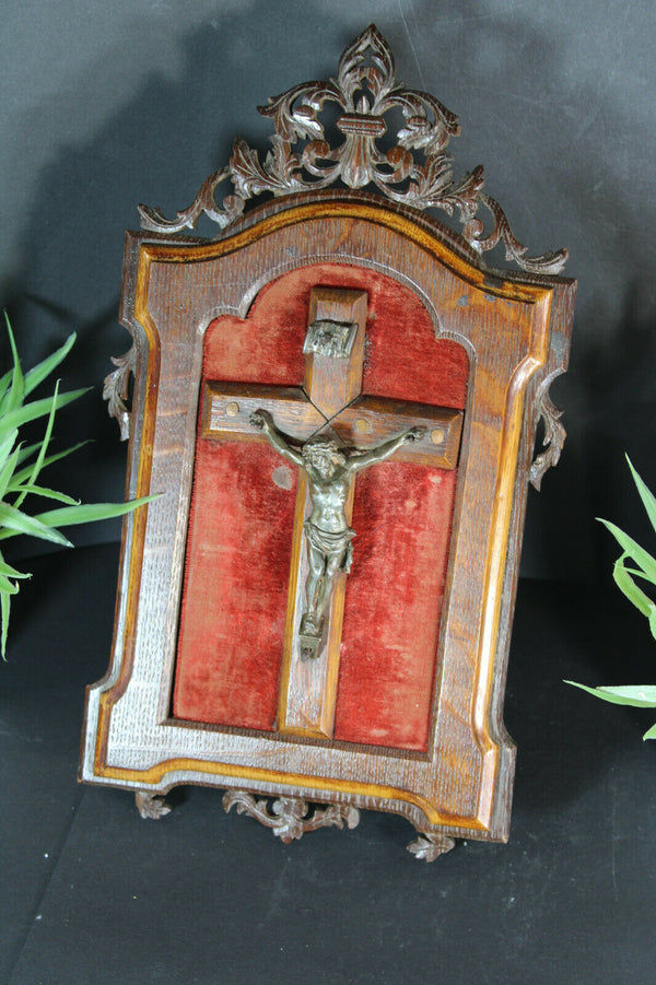 Antique black forest wood carved Frame with crucifix velvet stand