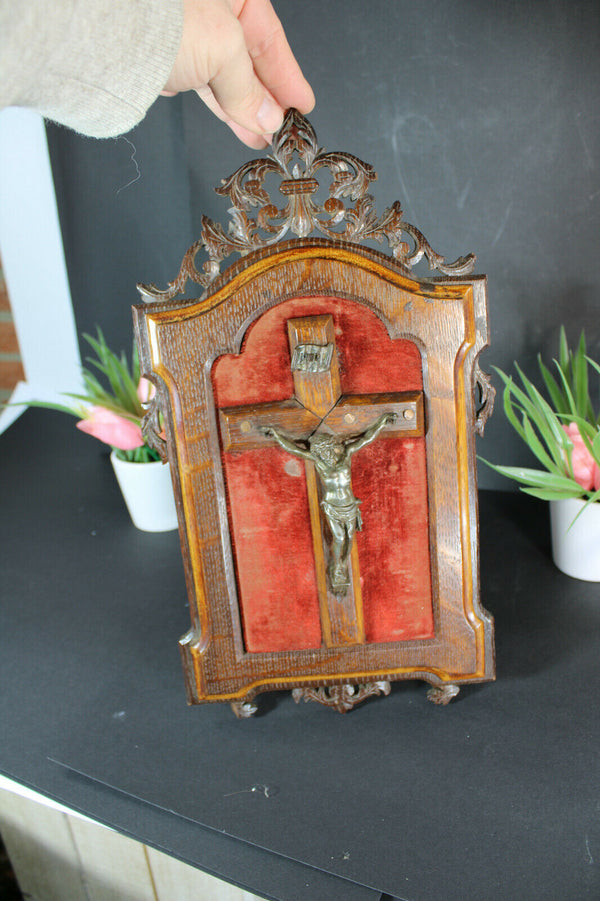 Antique black forest wood carved Frame with crucifix velvet stand