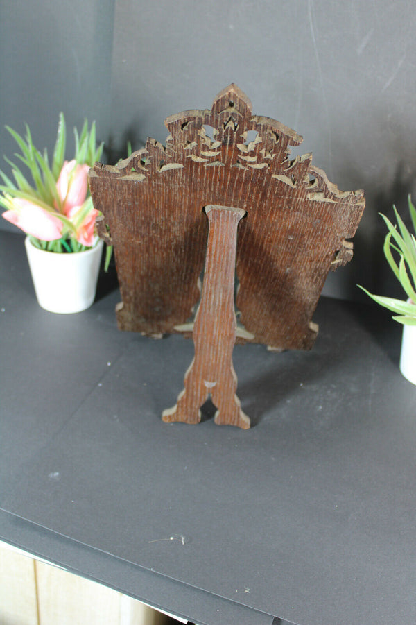 Antique black forest wood carved Frame with crucifix velvet stand