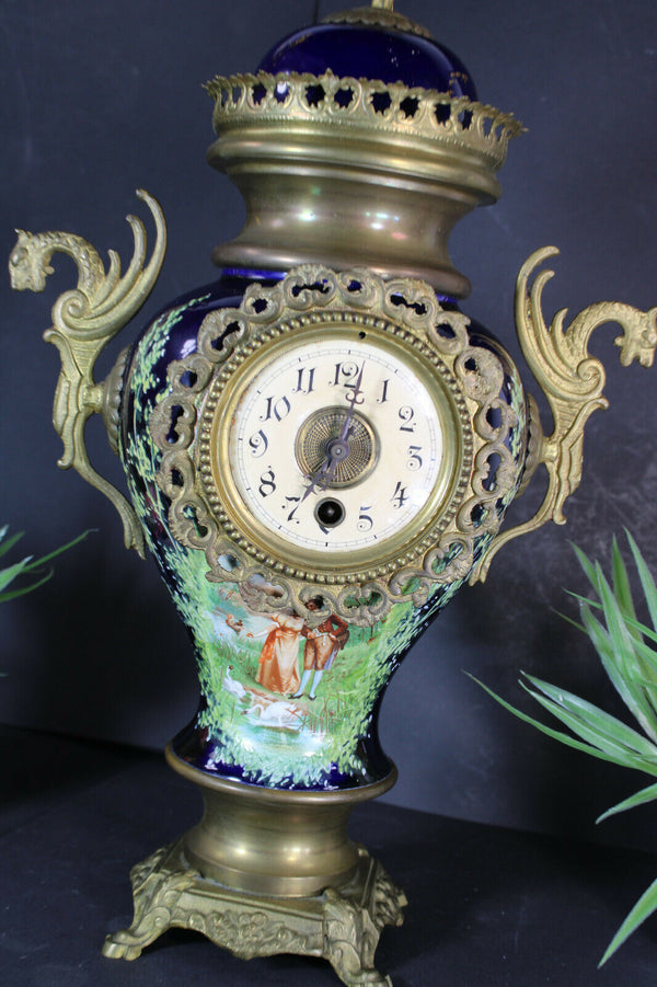 Antique french cobalt blue faience victorian scene dragon handles mantel clock