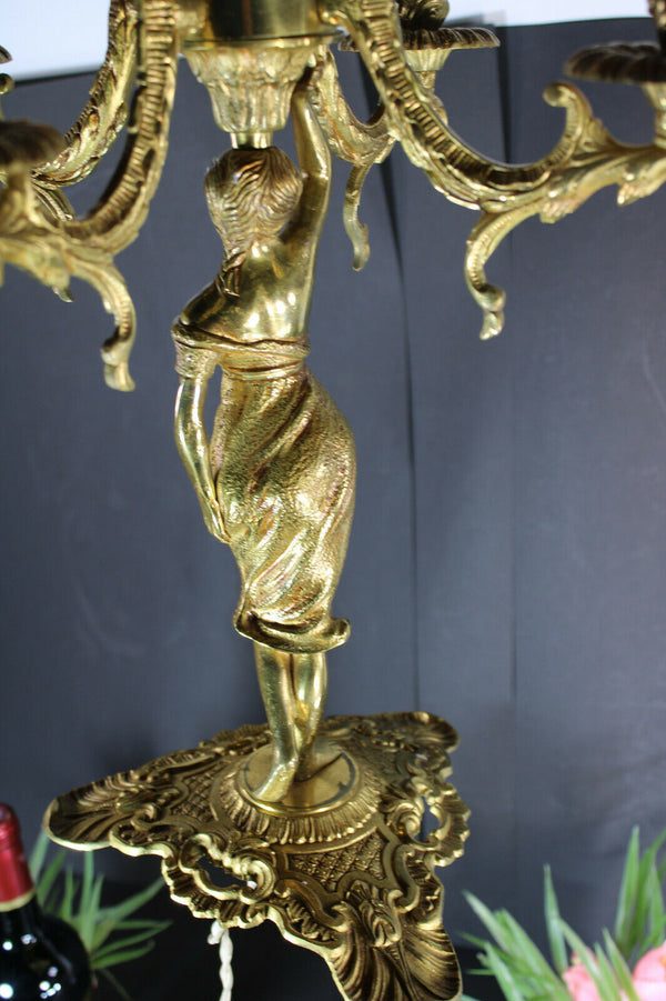 Vintage brass Lady figural 5 arm table lamp candelabra 1960s