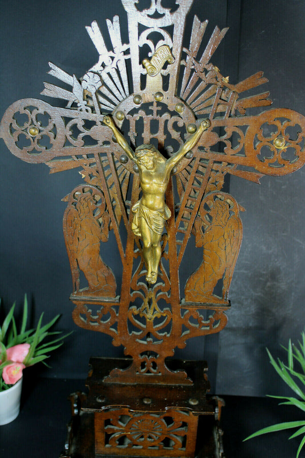 Antique XL Wood cut crucifix archangels figurines