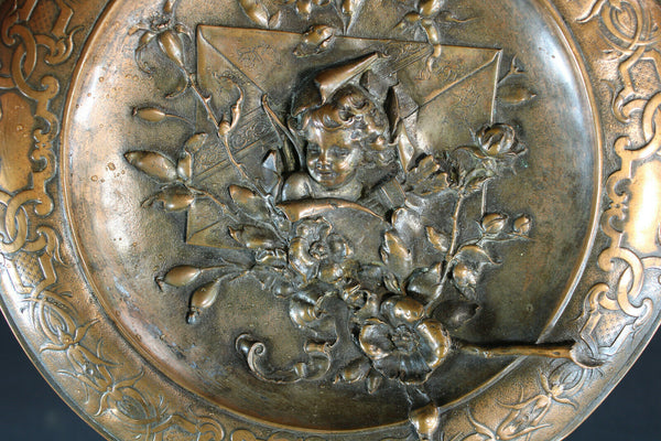 Copper embossed Relief putti cherub wall round plate