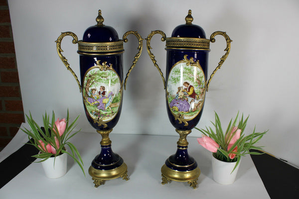 PAIR limoges cobalt blue porcelain urns vases romantic decors