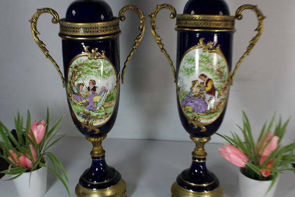 PAIR limoges cobalt blue porcelain urns vases romantic decors
