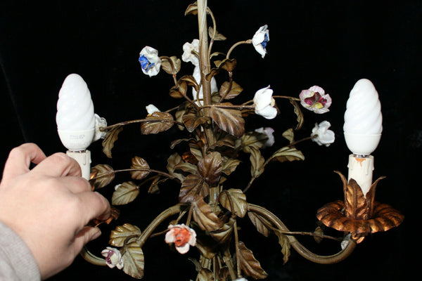 Vintage french metal porcelain faience flowers chandelier 1970