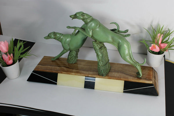 Antique xl art deco marble zamac pair greyhounds dogs Sculpture statue