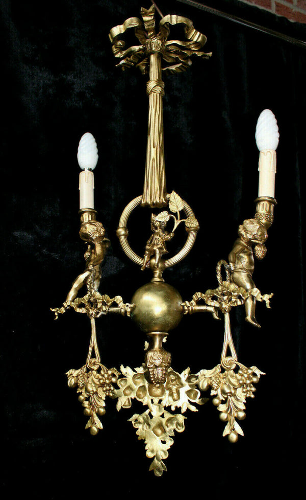 Antique rare french bronze chandelier cherub putti lamp