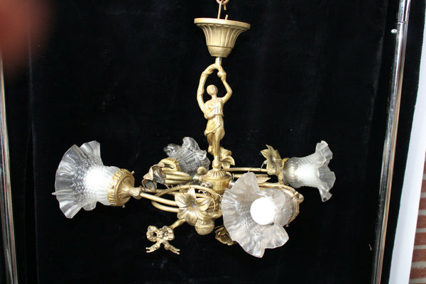 RAre antique Bronze Cherub putti lady Louis XVI chandelier lamp