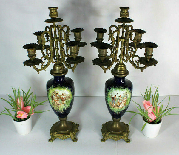 PAIR antique French faience romantic victorian scene Candelabras candle holders