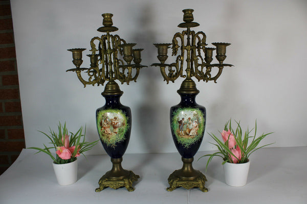 PAIR antique French faience romantic victorian scene Candelabras candle holders