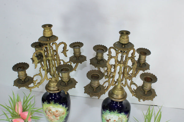 PAIR antique French faience romantic victorian scene Candelabras candle holders