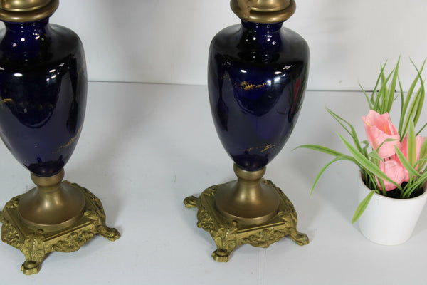 PAIR antique French faience romantic victorian scene Candelabras candle holders