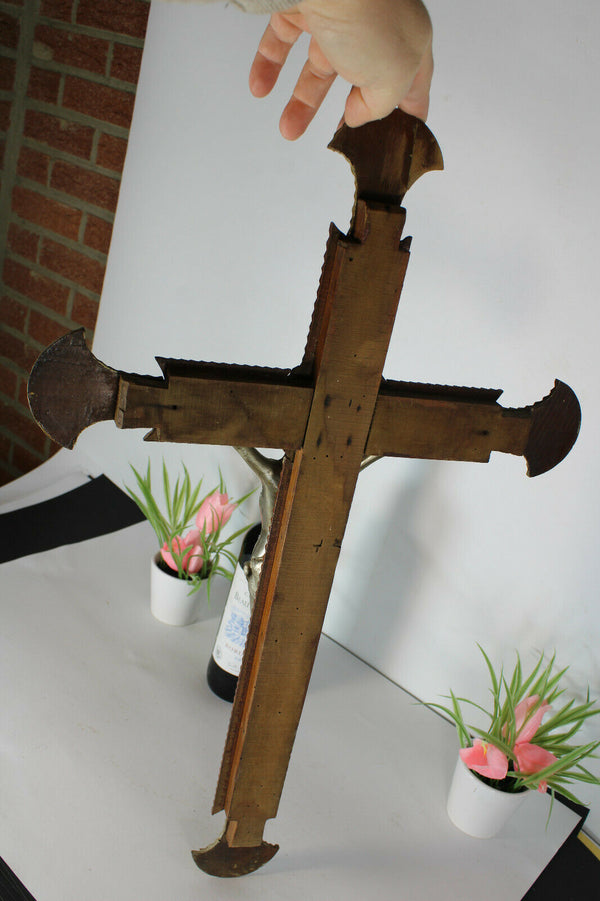 Antique tramp art large wood carved crucifix cross religious