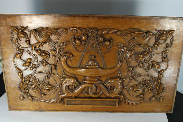 Antique wood carved cabinet panel with dragons  eagle birds rare