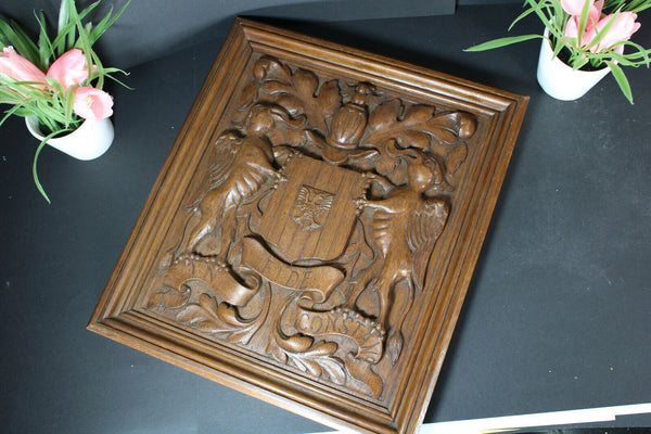 Antique wood carved wall panel coat of arms knight mythological dragons rare