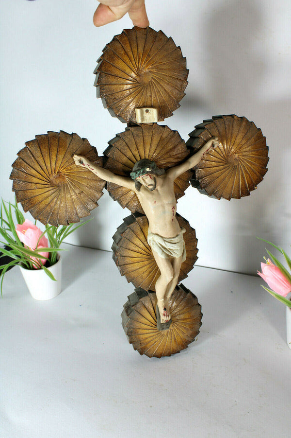 antique French wood cut cross crucifix chalkware christ corpus