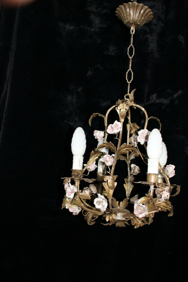 Vintage metal pink porcelain flowers roses chandelier lamp 1970