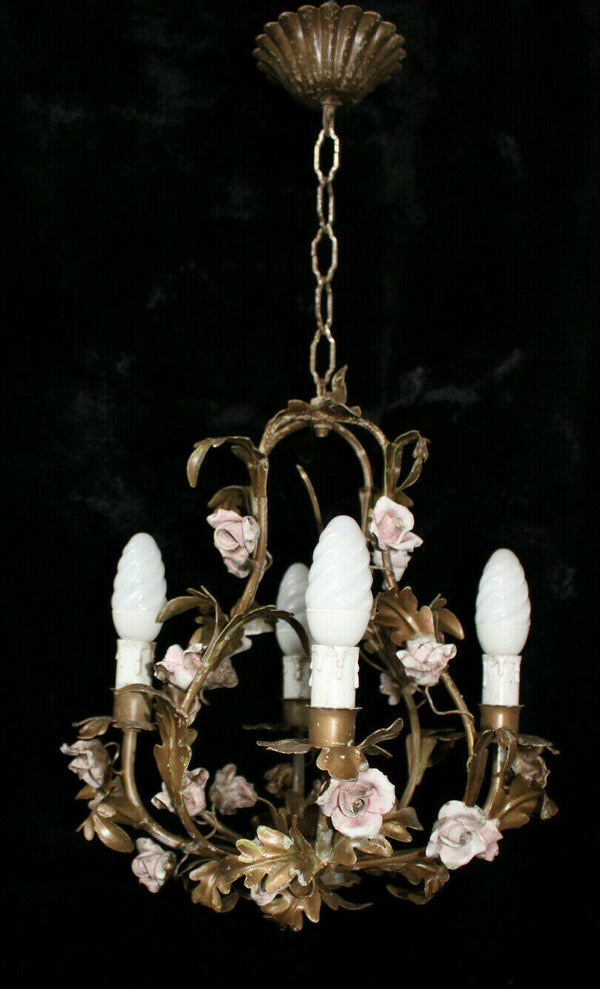 Vintage metal pink porcelain flowers roses chandelier lamp 1970