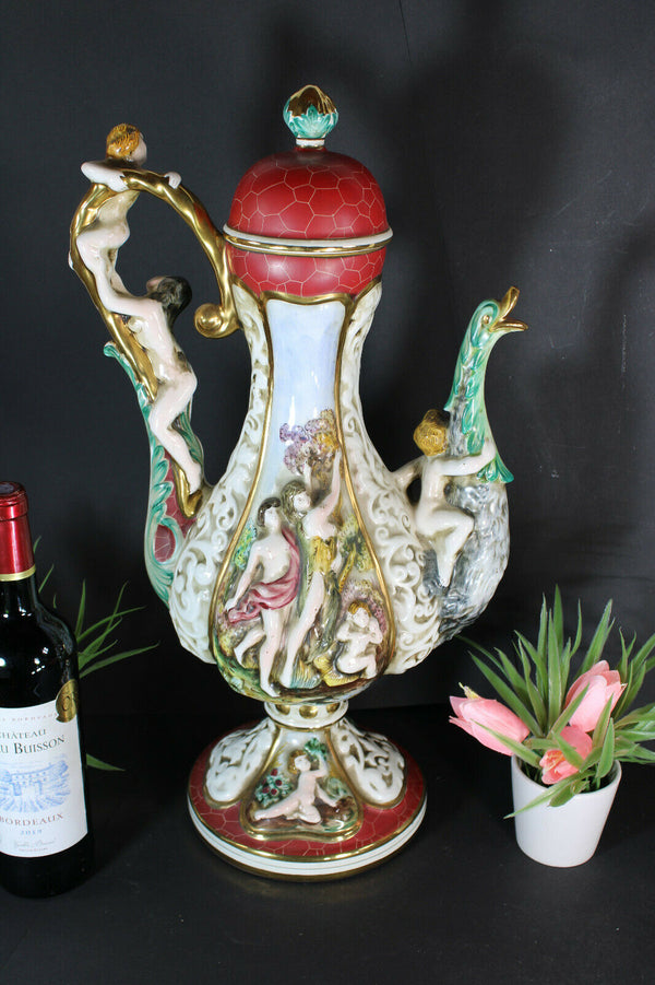 XL capodimonte porcelain marked pitcher vase swan putti cherub relief decor