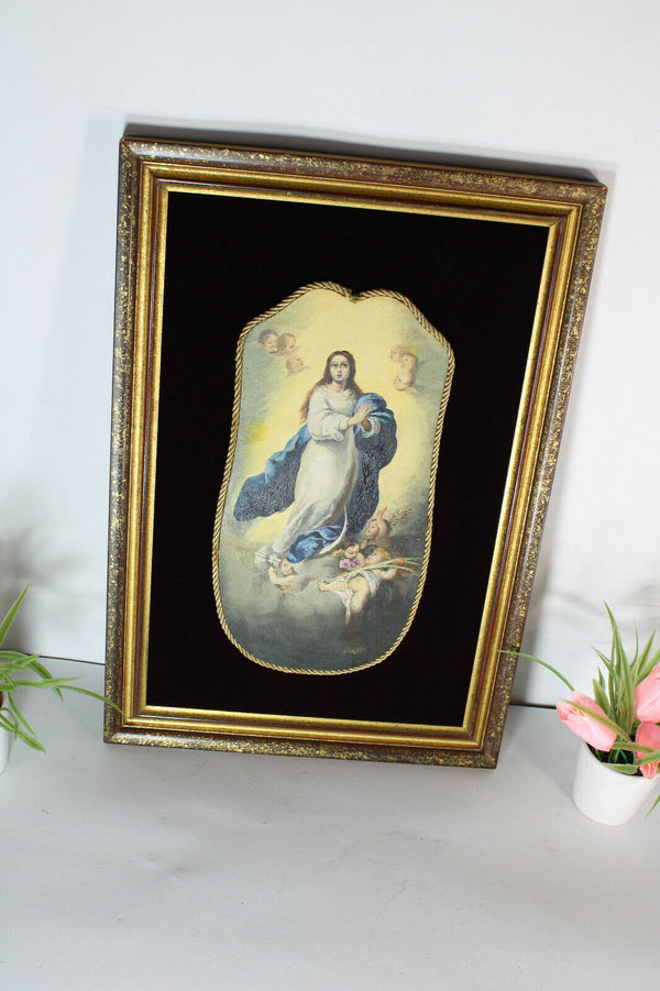 rare Antique oil cardboard madonna putti angels painting medaillon framed