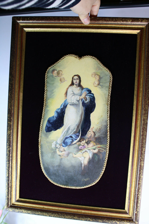 rare Antique oil cardboard madonna putti angels painting medaillon framed