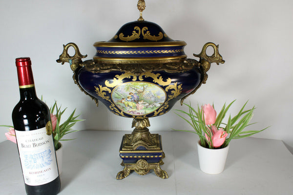 XL Limoges porcelain cobalt dragon bronze handles centerpiece lidded bowl