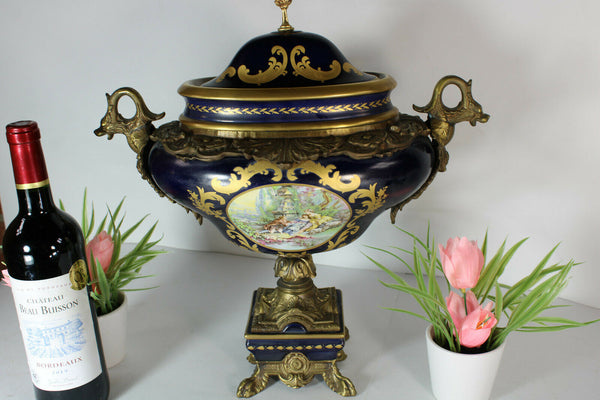 XL Limoges porcelain cobalt dragon bronze handles centerpiece lidded bowl