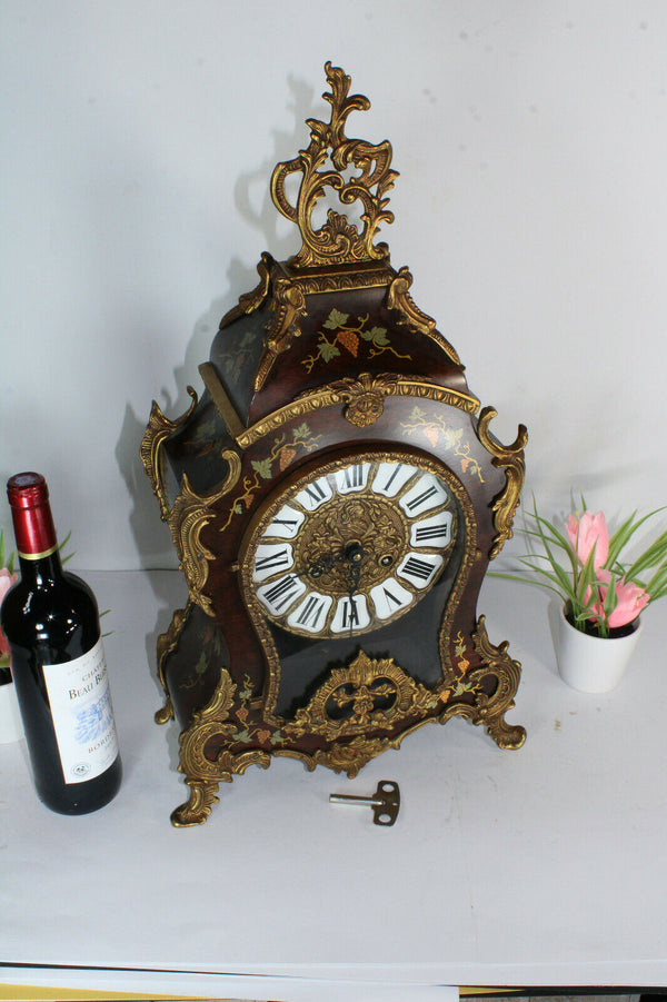 XL Vintage boulle mantel clock floral decor wood brass