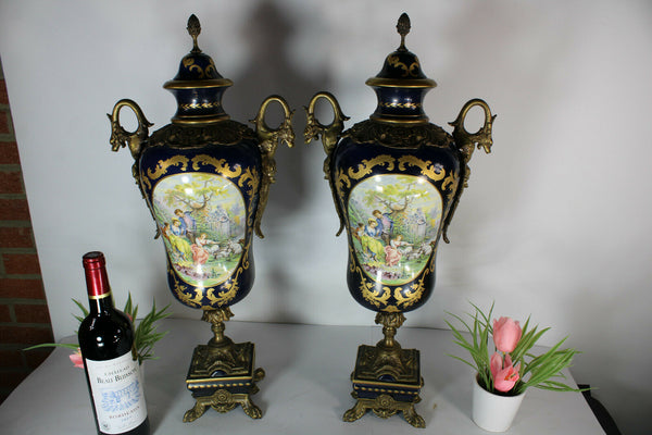 PAIR XL Limoges porcelain cobalt dragon bronze handles vases victorian scene