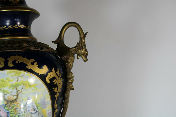 PAIR XL Limoges porcelain cobalt dragon bronze handles vases victorian scene